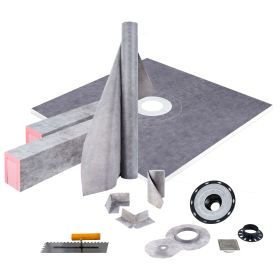 Shower Curb Kit, 48"x48" Watertight Shower Curb Overlay with 4" ABS Central Bonding Flange, 4" Stainless Steel Grate